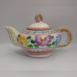 World Bazaar Vintage, Hand-painted Floral Terracotta Teapot 12"w X 7"h
